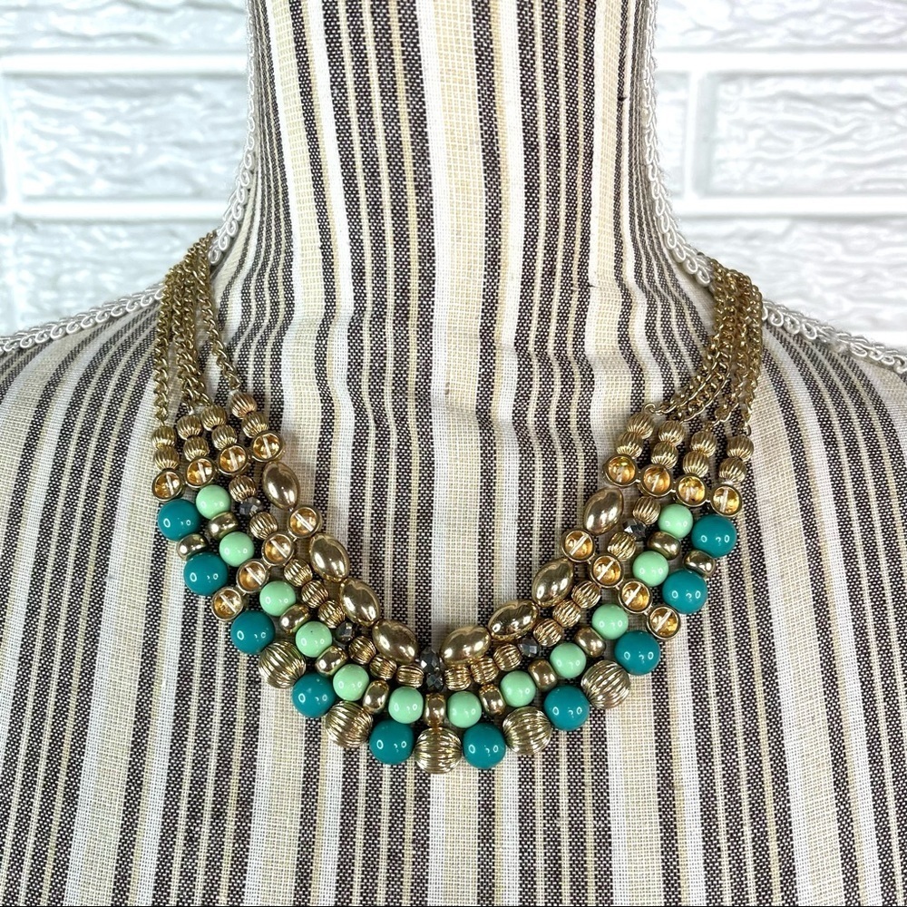 NY Chunky Green and Gold Tone Beaded Layered Tiered Statement Bib Necklace